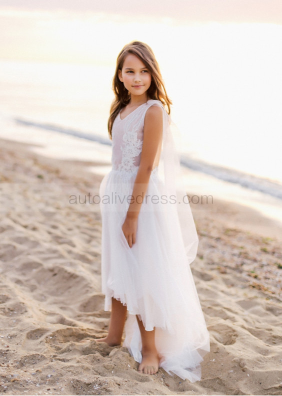 High Low Beaded White Lace Tulle Flower Girl Dress